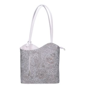 Olasz bőr 238 fehér-ezüst virág női válltáska/hátizsák