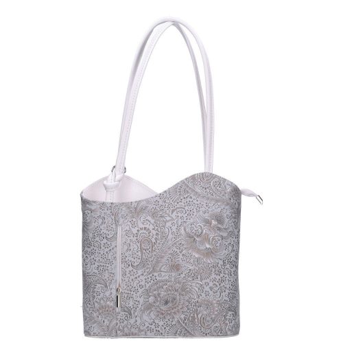 Olasz bőr 238 fehér-ezüst virág női válltáska/hátizsák