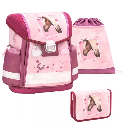 Belmil 403-13 rózsaszín szürke lovas lány iskolatáska, tornazsák és tolltartó