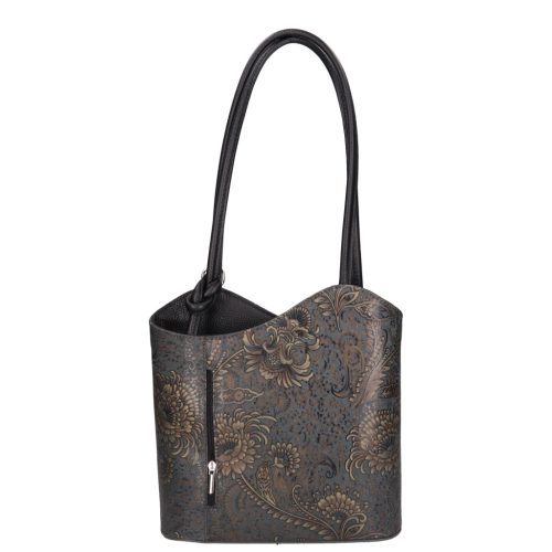 Olasz bőr 238 szürke arany virágos női hátizsák és válltáska 