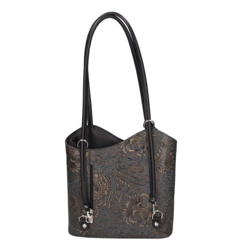 Olasz bőr 238 szürke arany virágos női hátizsák és válltáska 