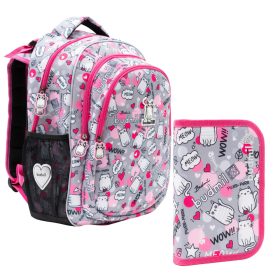   Budmil Balbea szürke cicás iskolatáska szett elsősöknek 2 részes