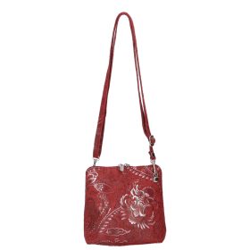   Olasz bőr 5128 piros ezüst virágos bőr női kicsi oldaltáska