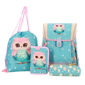   ABC123 baglyos lány iskolatáska szett elsősöknek 4 részes