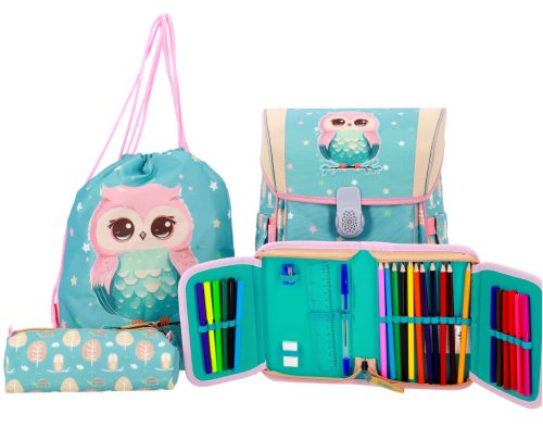 ABC123 baglyos lány iskolatáska szett elsősöknek 4 részes